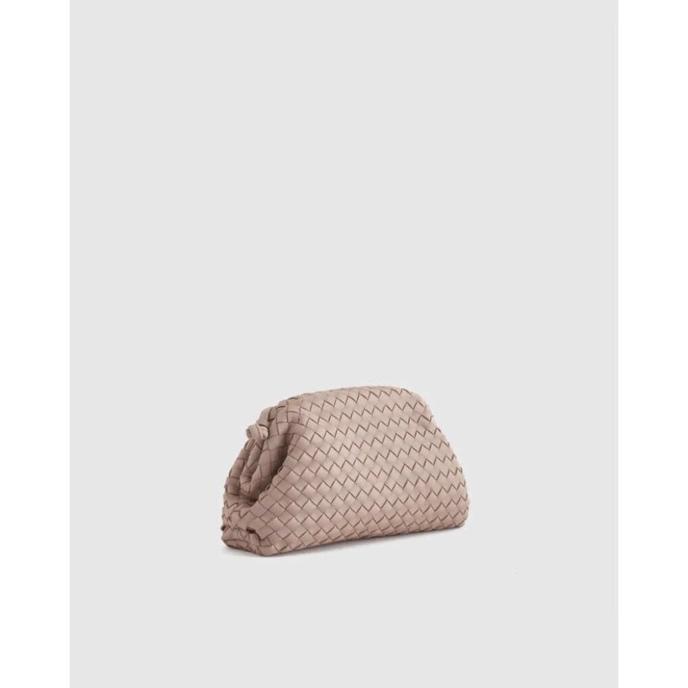 Quince Womens Woven Leather Pouch Dumpling Clutch Bag Handbag Beige